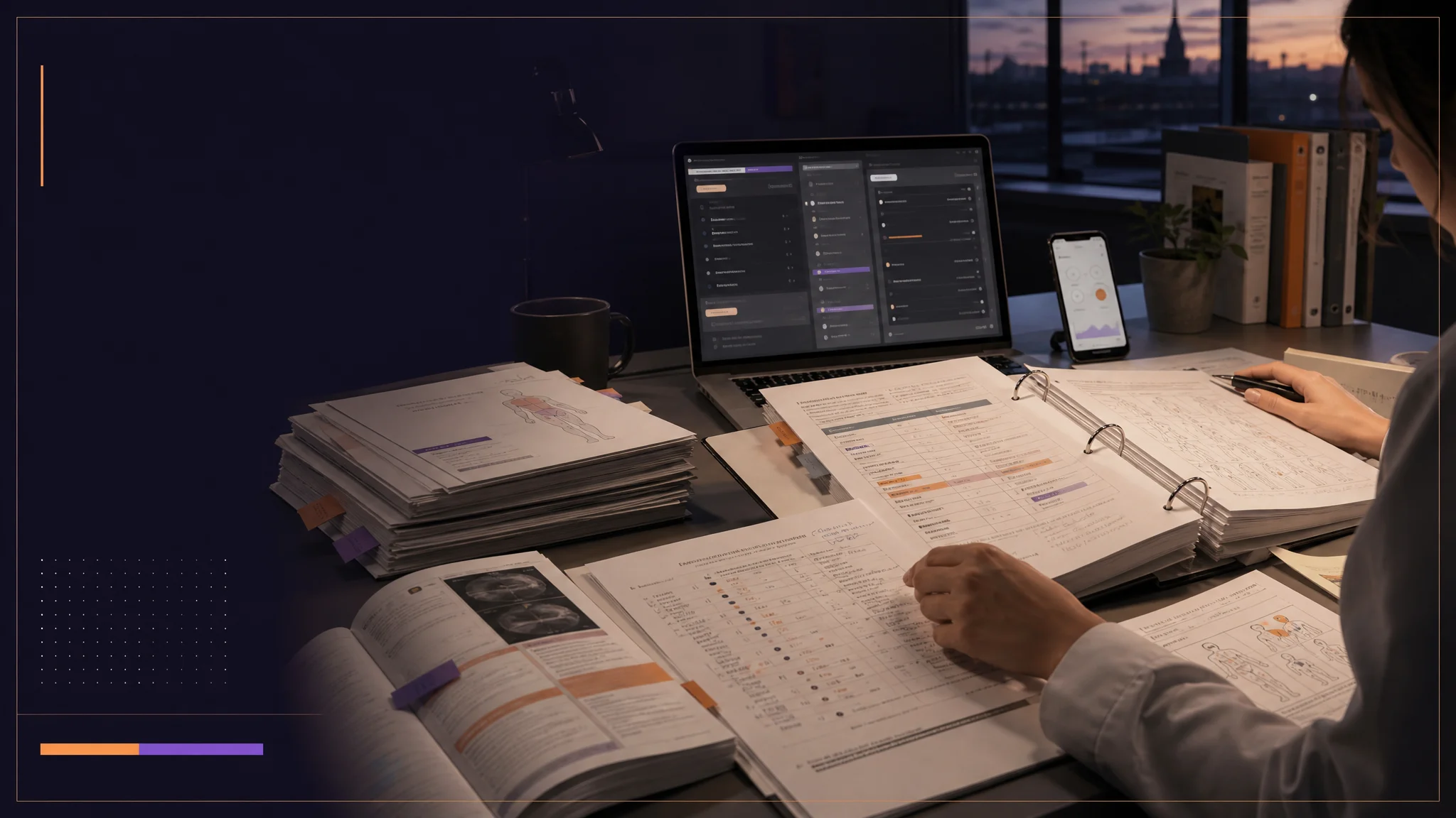 A person studies with open textbooks, a laptop displaying data, and a smartphone on a desk against a city skyline.