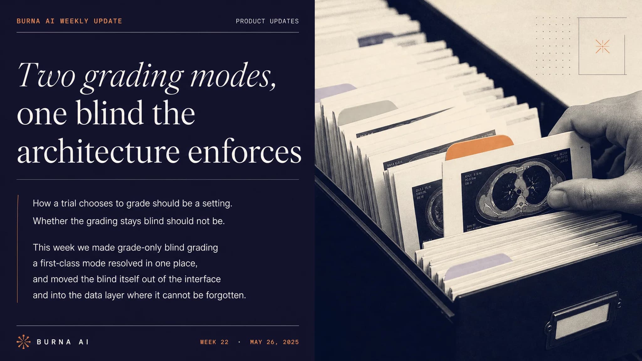 A hand reaches for a document in a filing cabinet alongside text about grading modes and product updates from Burna AI.