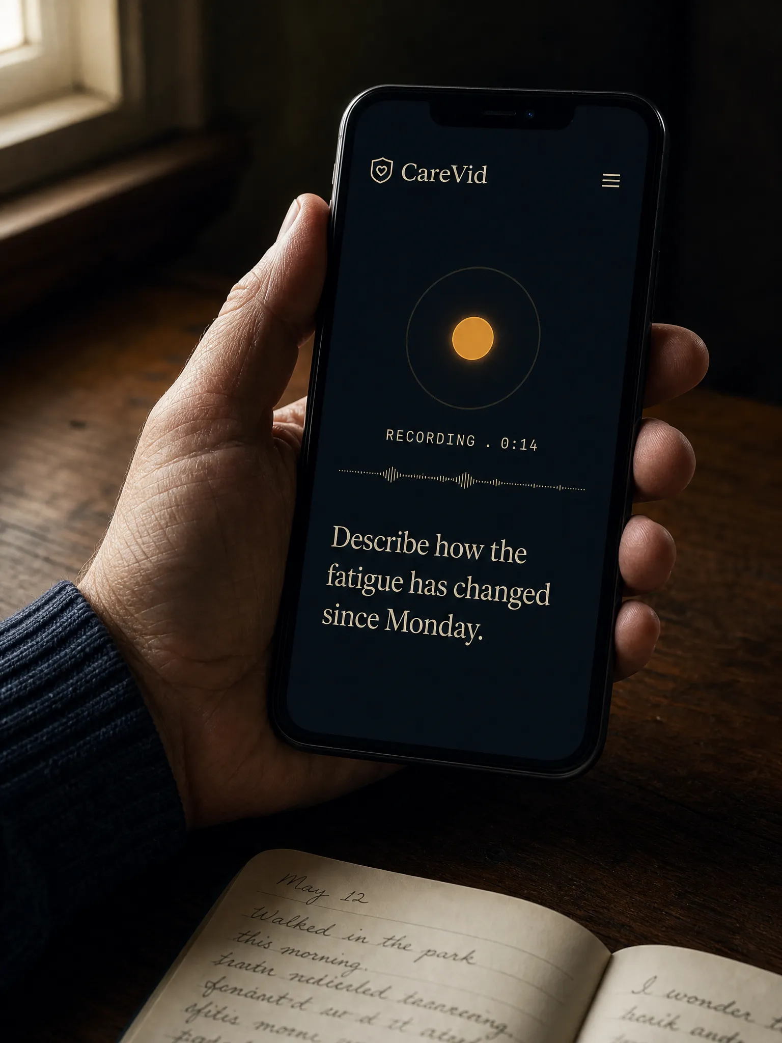 Editorial photograph of a hand holding a phone recording a short video of a hard-to-describe symptom