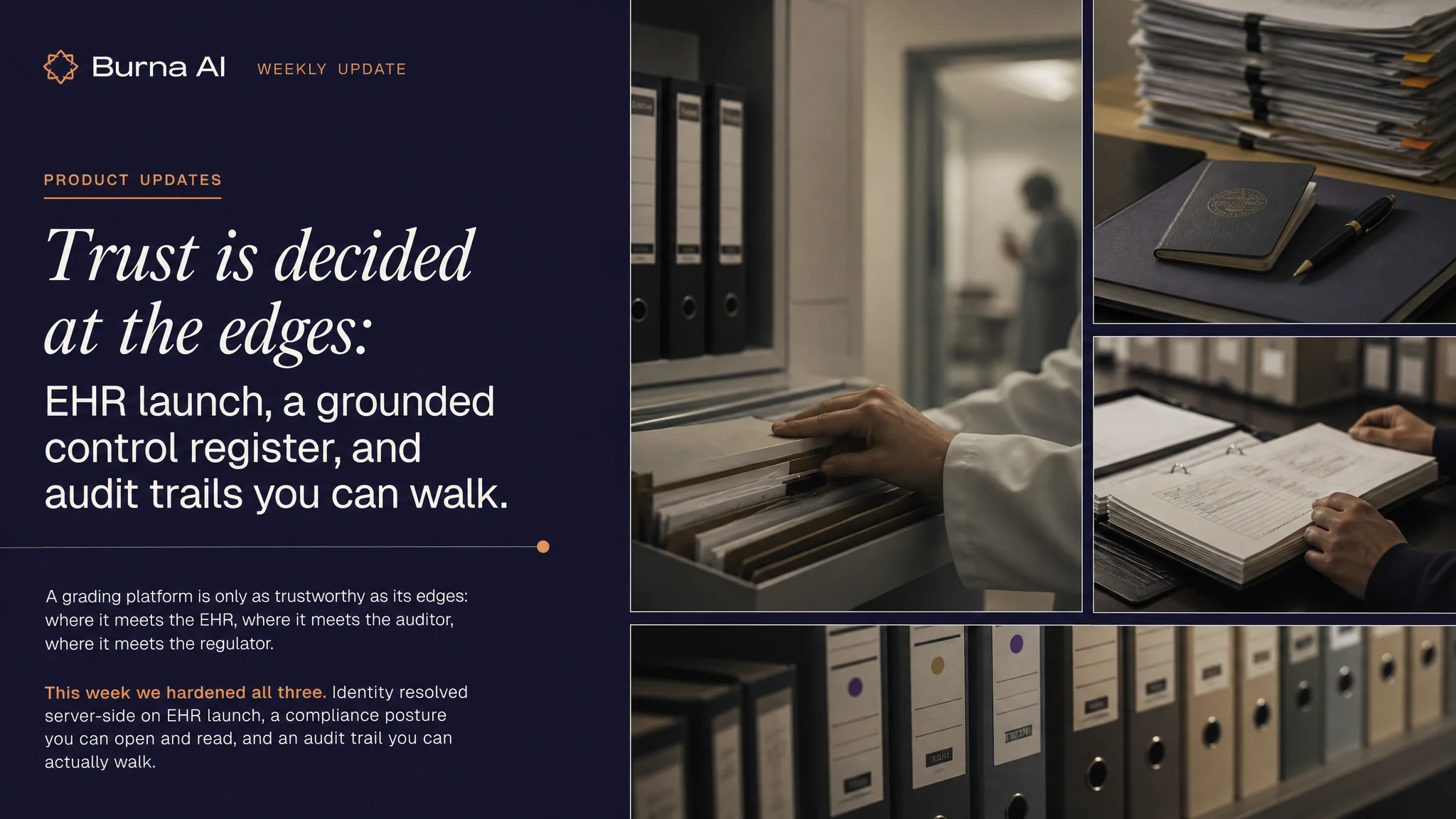 A person in a white coat organizes files in a modern office space featuring shelves of binders and documents.